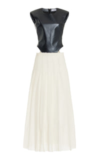 Mina Leather Bodice Pleated Wool-Cashmere Maxi Dress