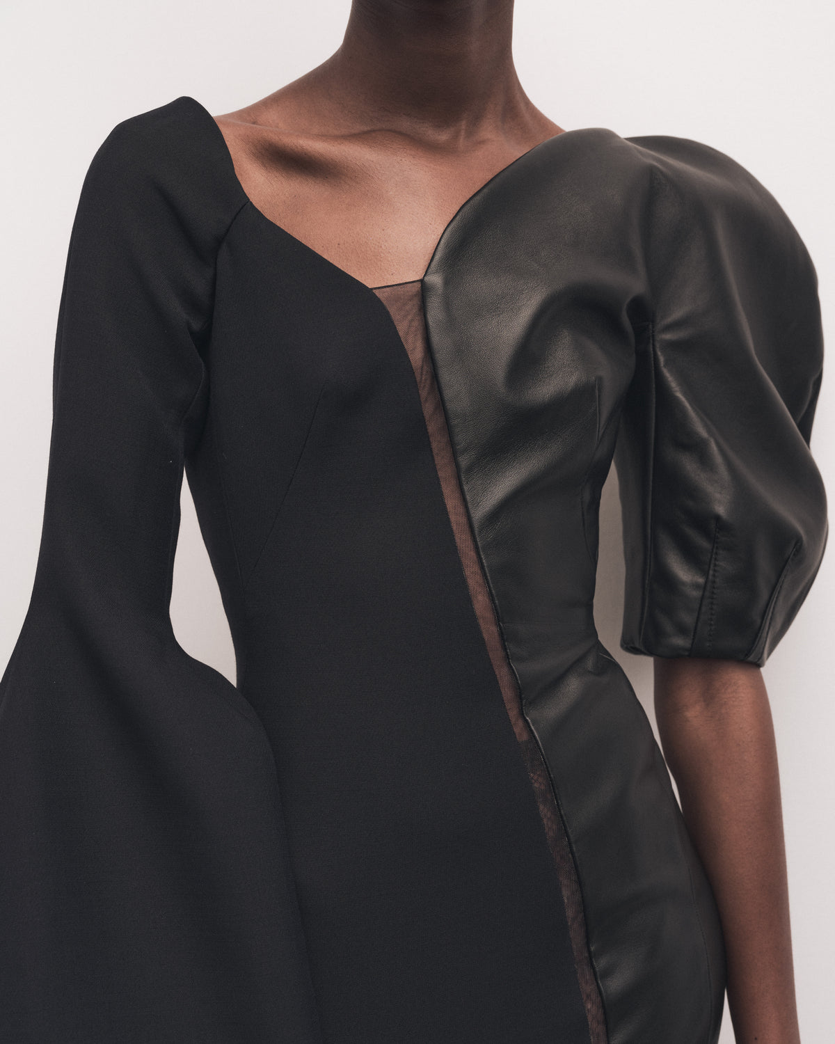 Merlin Asymmetric Leather Wool-Silk Combo Midi Dress