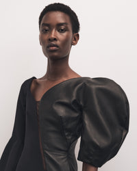 Merlin Asymmetric Leather Wool-Silk Combo Midi Dress