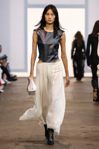 Mina Leather Bodice Pleated Wool-Cashmere Maxi Dress