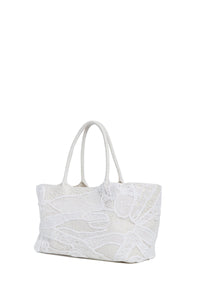 Mcewan Tote in Ivory Nappa Leather with Macrame Crochet