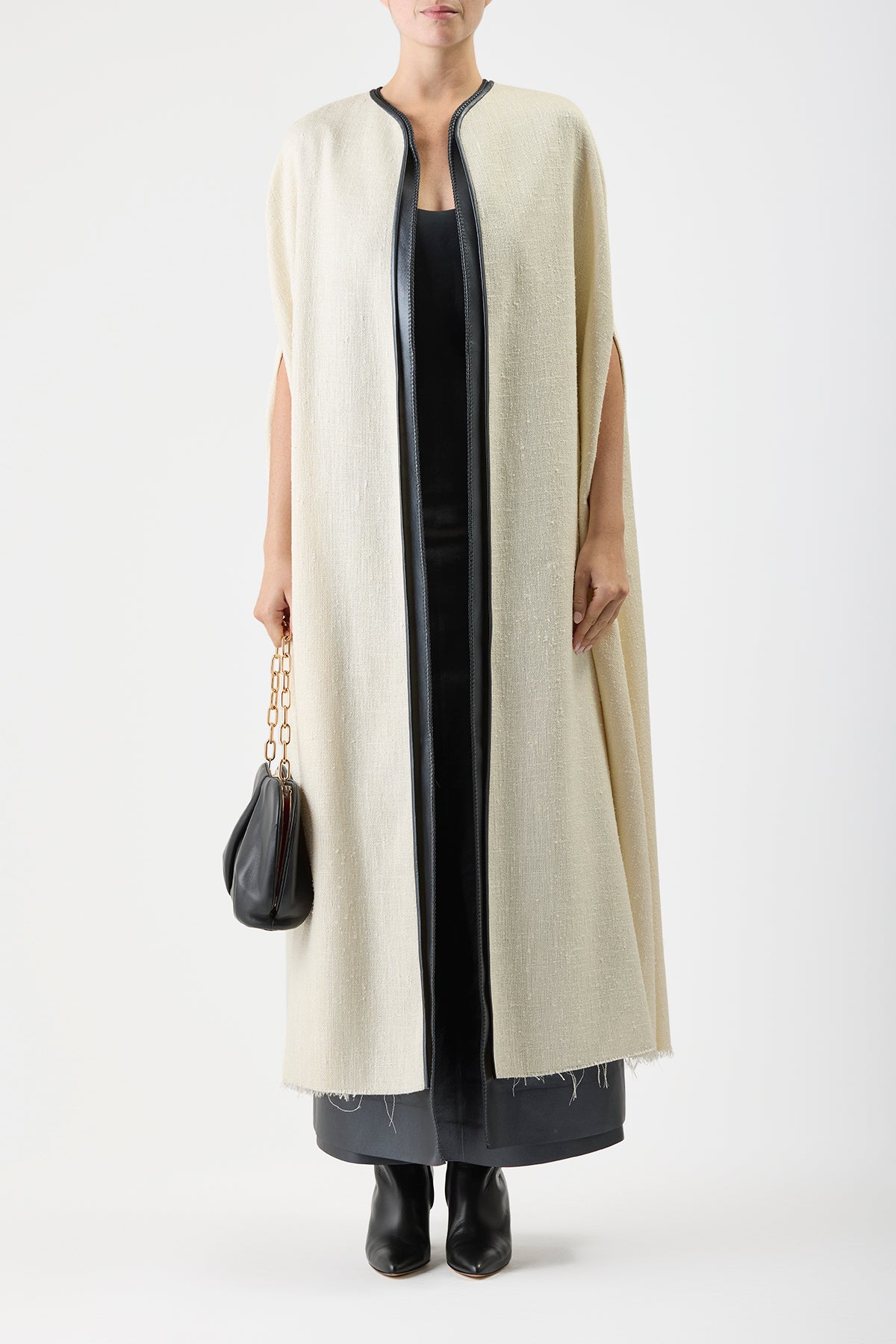 Glenys Cape in Soft Silk Wool with Leather Gilet