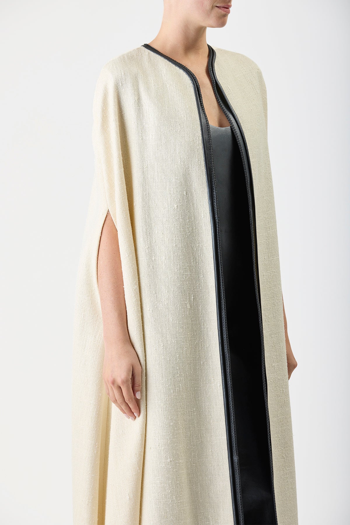 Glenys Cape in Soft Silk Wool with Leather Gilet
