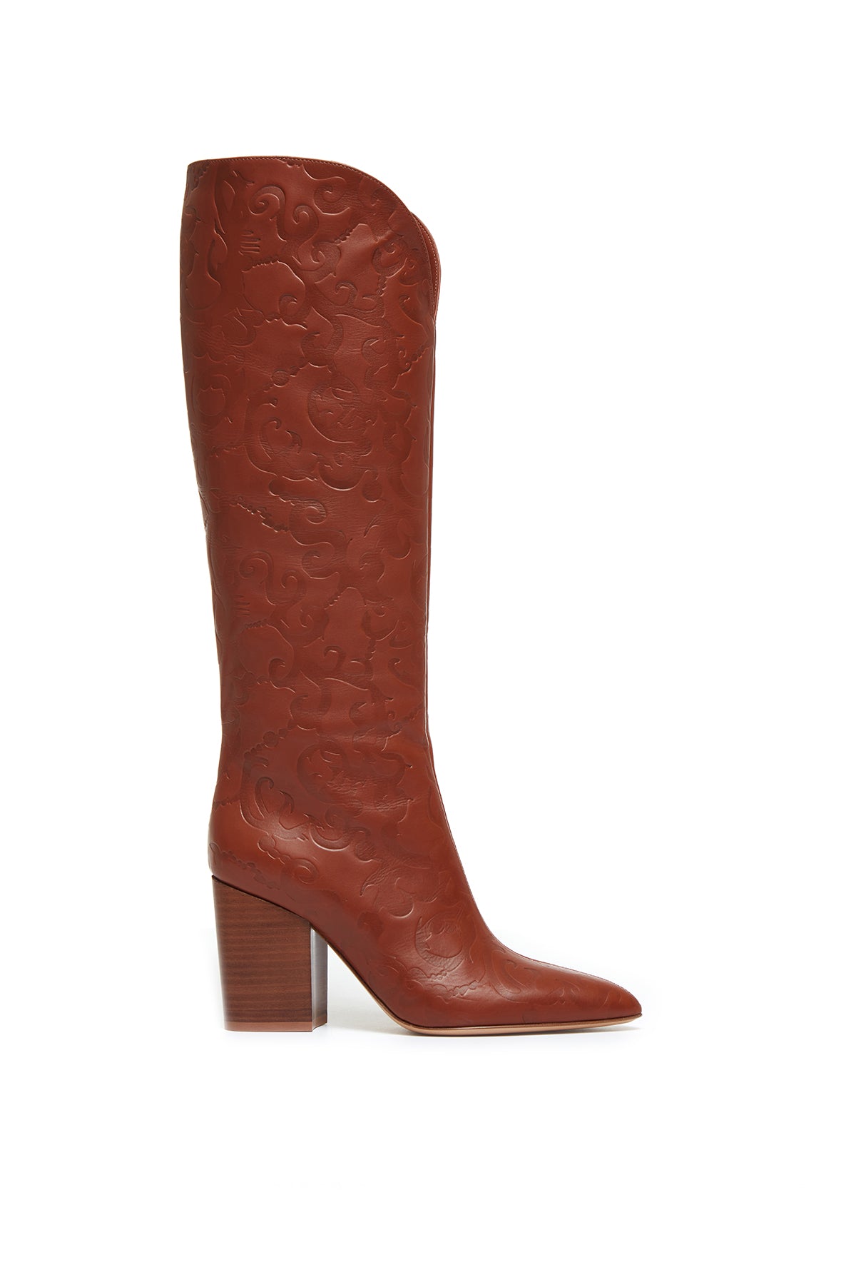 Debossed Knee-High Cora Boots in Cognac Leather